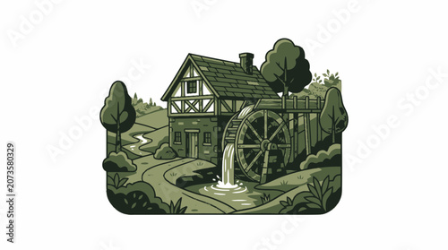 Vintage Watermill House with Wheel in Lush Green Landscape
