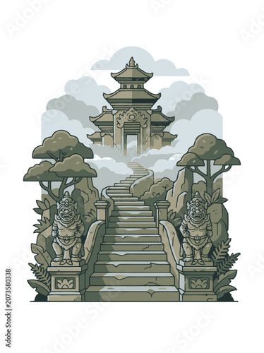 Ancient Stone Temple Staircase with Guardian Statues and Misty Clouds