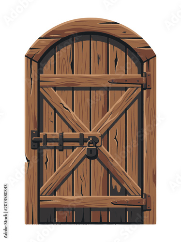 Arched Wooden Door with Old Latch and Lock, Rustic Entrance