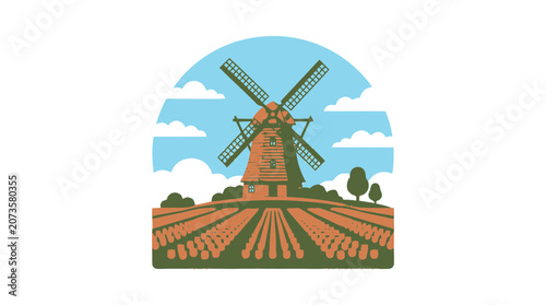 Traditional Dutch Windmill in Field with Crops and Clouds