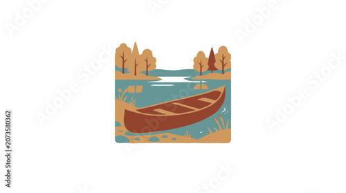Canoe on calm lake water surrounded by autumn trees and grassy shore, peaceful nature scene.
