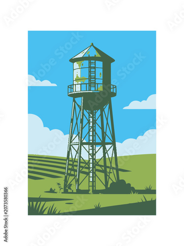 Vintage water tower in green landscape with blue sky and clouds, retro style illustration