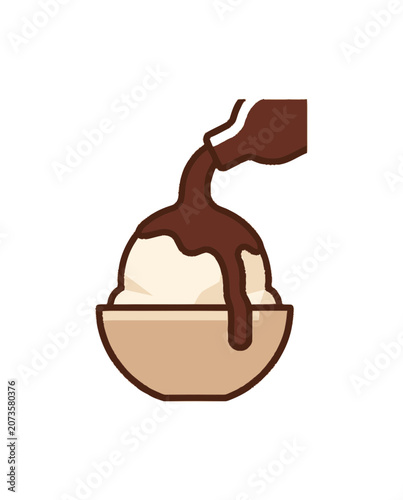 Vanilla ice cream scoop in bowl with chocolate syrup pouring from bottle