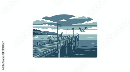 Pixel Art Pier with Seagulls and Cloudy Sky