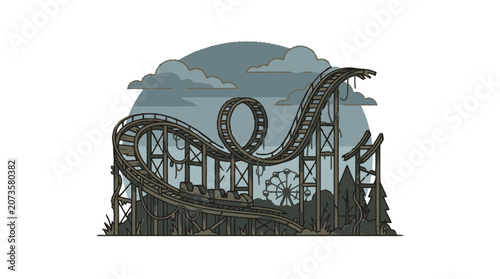 Abandoned Roller Coaster and Ferris Wheel in Overgrown Amusement Park