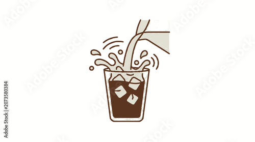 Pouring Milk into Iced Coffee with Ice Cubes Splashing