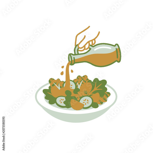 Hand pouring dressing onto fresh salad in bowl, healthy eating concept, isolated illustration