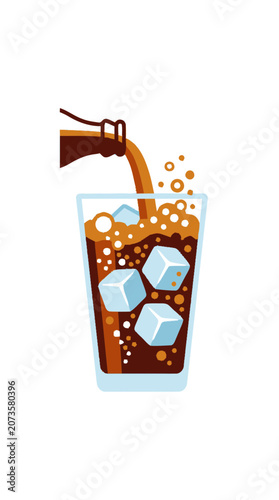 Pouring Cola With Ice Cubes Into Glass, Refreshing Drink, Bubbles and Foam