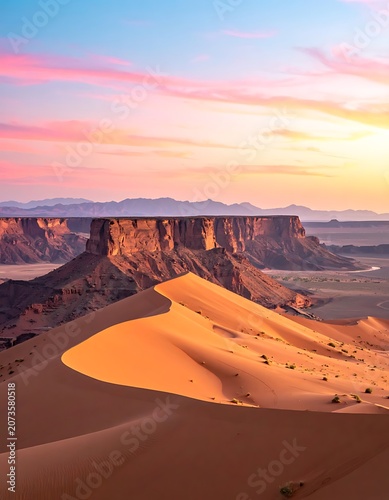 Desert landscape with sand dunes at sunset.