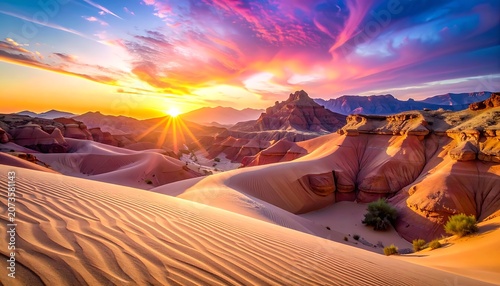 Desert landscape with sand dunes at sunset.