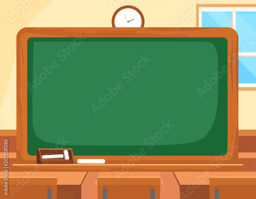 Empty Classroom Chalkboard with Desk and Clock in Cartoon Style