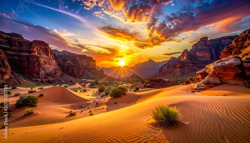 Desert landscape with sand dunes at sunset.