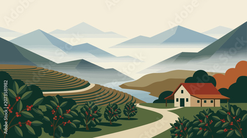 Fotografie Coffee Farm Landscape With Misty Mountain Background
