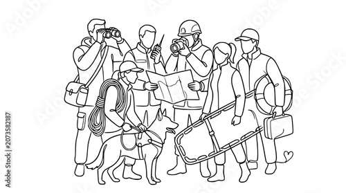 Obraz na plátně Diverse Rescue Team with Dog, Map, and Equipment - Line Art