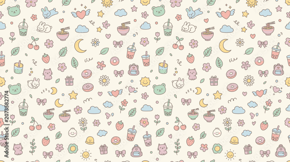 Fototapeta premium Colorful whimsical food icons pattern.