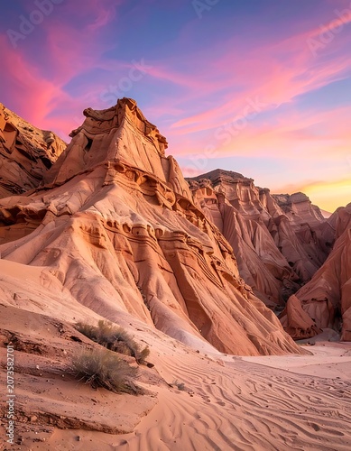 Desert landscape with sandstone rock formations.