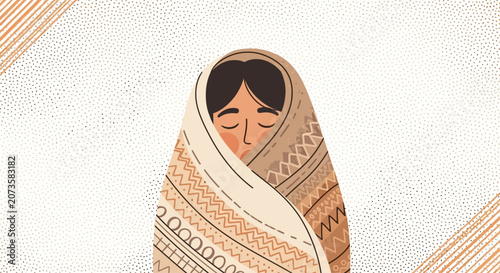 Tableau sur toile A woman wraps herself in a blanket while sitting indoors feeling emotions