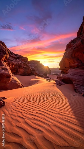 Desert sand dunes at colorful sunset.