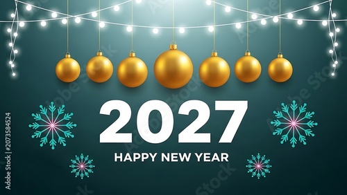 2027 Happy New Year white text with hanging golden christmas balls and snowflakes on dark green background