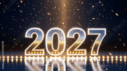2027 New Year neon glowing 3d text with reflection and spark particles on dark background