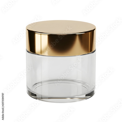 Empty clear glass cosmetic jar with gold metallic lid on white