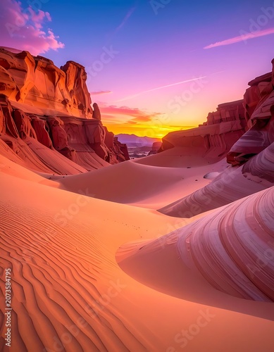 Desert sand dunes at sunset landscape.