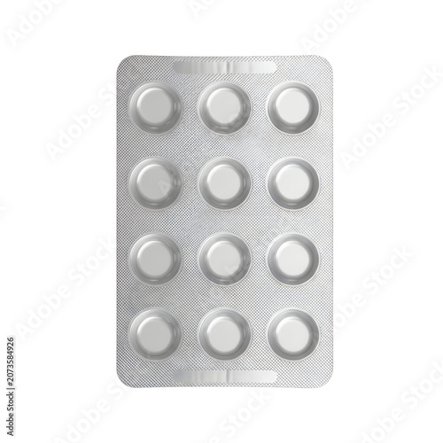 Medical blister pack containing twelve round tablets isolated on white