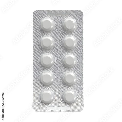 Silver blister pack with ten white medical tablets on white background
