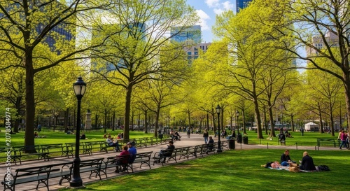 Vibrant Spring Park Scene with Lush Green Trees and People Relaxing on Benches.