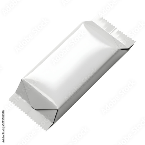 Blank white snack bar flow pack wrapper isolated on white