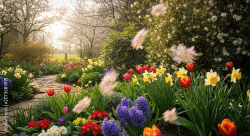 Vibrant Spring Garden Path Lined with Blooming Tulips and Daffodils.