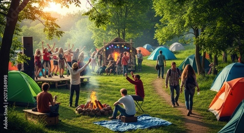 Vibrant Summer Festival Scene with Tents and Campfires.