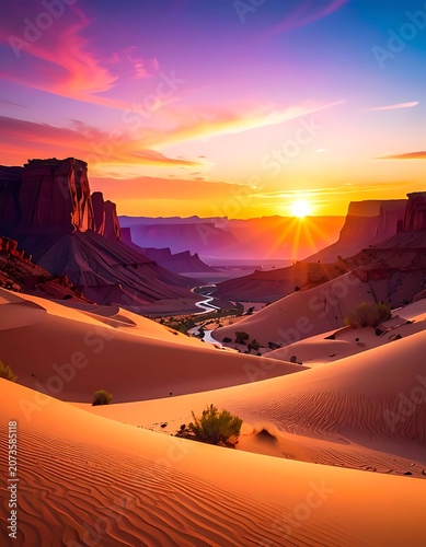 Desert sand dunes at sunset landscape.