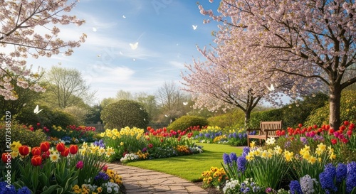 Vibrant Spring Garden Pathway Lined with Blooming Tulips and Cherry Blossoms.