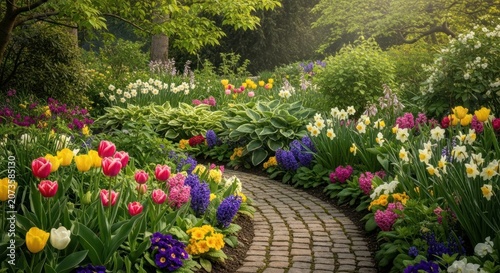 Vibrant Spring Garden Pathway Lined with Colorful Blooming Flowers and Lush Greenery.
