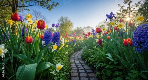 Vibrant Spring Garden Pathway Lined with Colorful Blooming Tulips and Hyacinths.