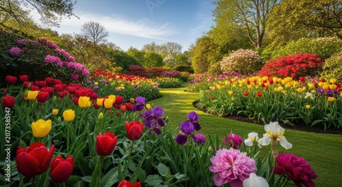 Vibrant Spring Garden Pathway Lined with Colorful Tulips and Blooming Flowers.