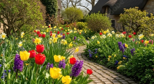 Vibrant Spring Garden Pathway Lined with Colorful Tulips and Hyacinths.