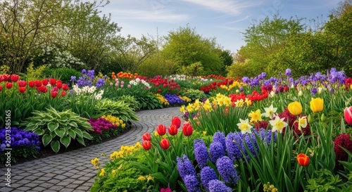 Vibrant Spring Garden Pathway Lined with Colorful Blooming Tulips and Hyacinths.