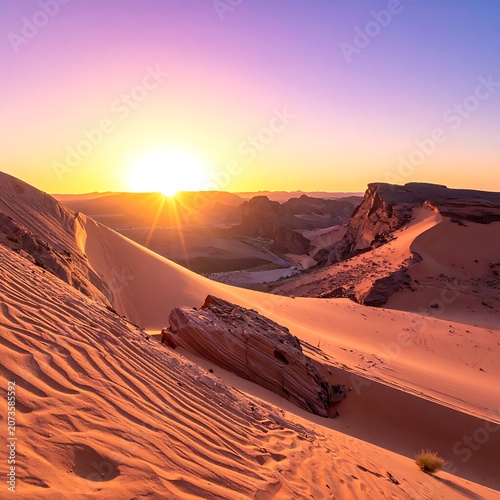 Desert sand dunes at sunset landscape.