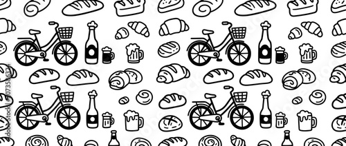 Tableau sur toile Doodle Pattern: Bicycle, Bread, Croissant, Beer Bottles and Mugs on White Backgr