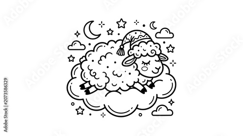 Schilderij op canvas Cute Sleeping Sheep on Cloud, Night Sky, Stars, Moon, Dreamy Illustration