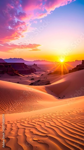 Desert sand dunes at sunset landscape.