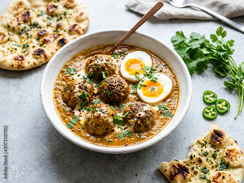 A bowl of meatballs in a spicy sauce with boiled eggs and herbs, served with naan bread on a gray table