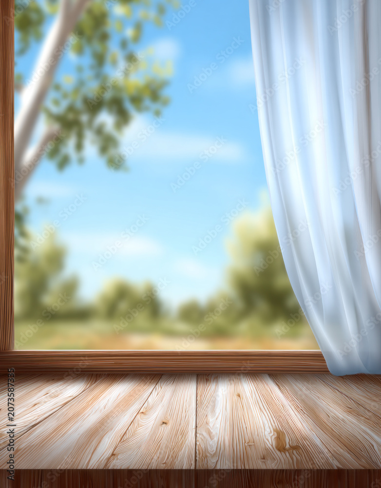 Fototapeta premium A view through a window showing white curtains, wooden floor, and a blurred natural outdoor scene with greenery and blue sky.