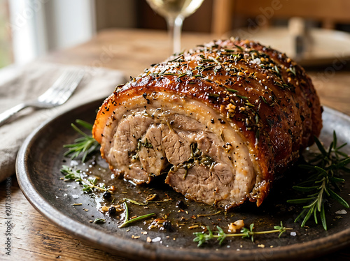 Delicious roasted pork loin on a plate with herbs and spices on a wooden table with a glass of wine