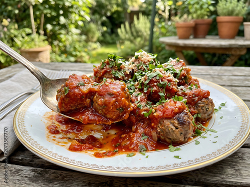 A plate of meatballs with tomato sauce and herbs on a wooden table in a garden setting with a fork