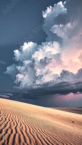 Desert sand dunes under stormy clouds.