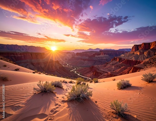 Desert Sunset Landscape with Sand Dunes.