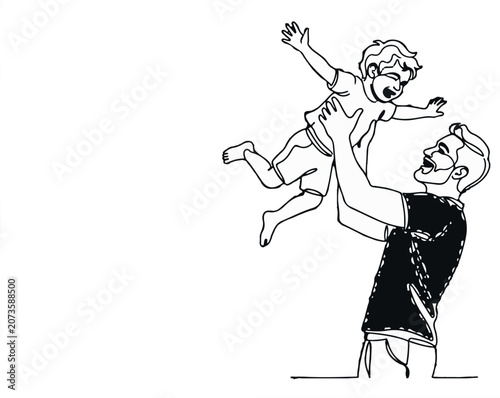 Vector illustration, happy father, child, playful family, black and white